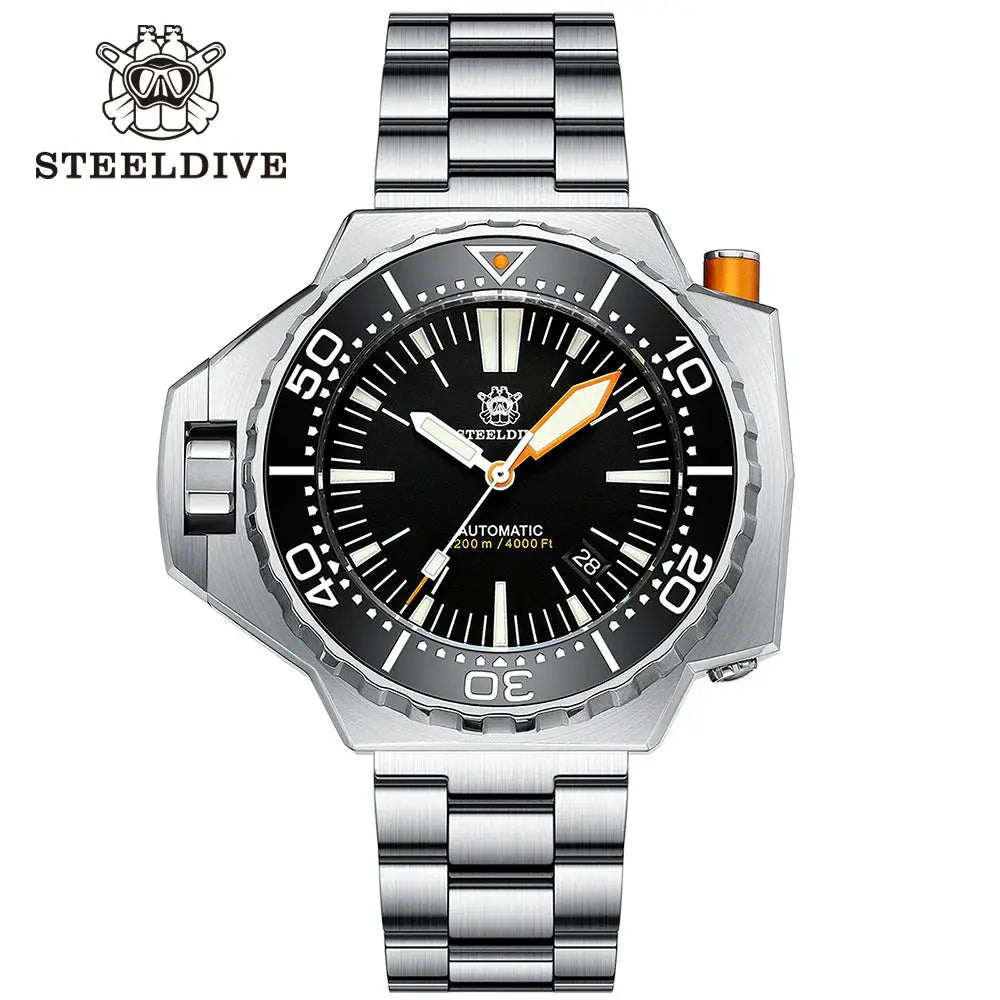 Steeldive Proplof SD1969 V3 dive watch, steel band, black dial, orange crown, 1200m water resistance, sapphire crystal.