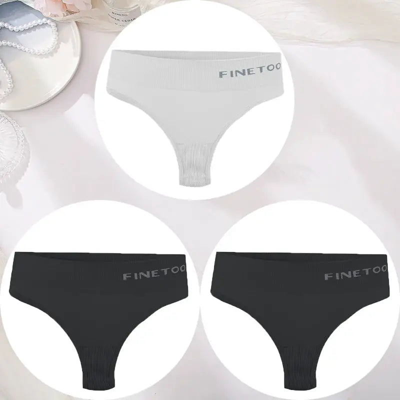 Finetoo 3-pack women's seamless thong underwear set in white and black, high-waist, sizes M-2XL.
