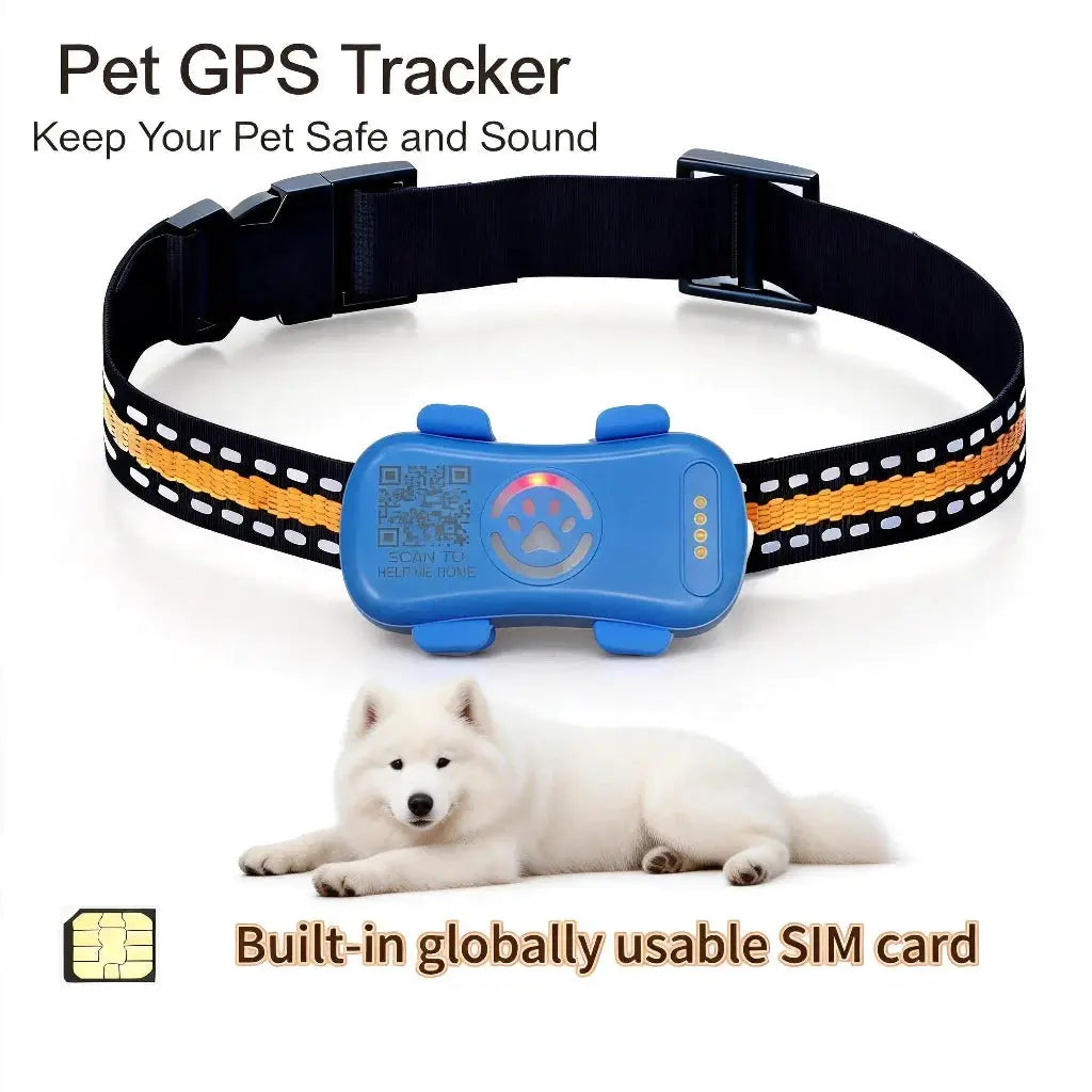 Pet GPS Tracker by Simples Market; blue tracker on a black/orange strap with built-in SIM for dogs and cats