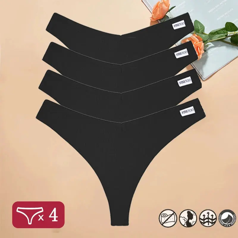 4-pack black waffle cotton thong panties with V-waist, Simples Market