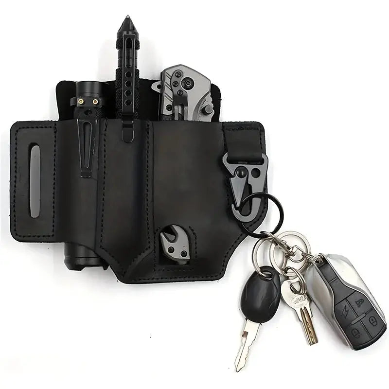 Tactical multi-tool belt bag in black PU leather with holster and keyring