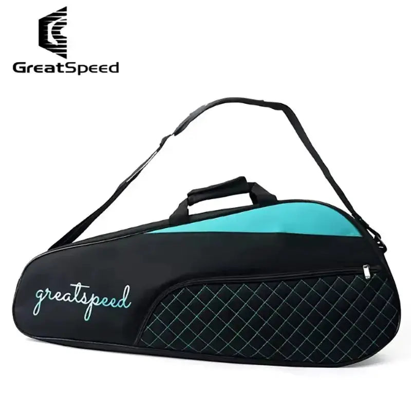GreatSpeed racket bag for tennis/badminton, black with teal panel, quilted side pocket, one-shoulder strap