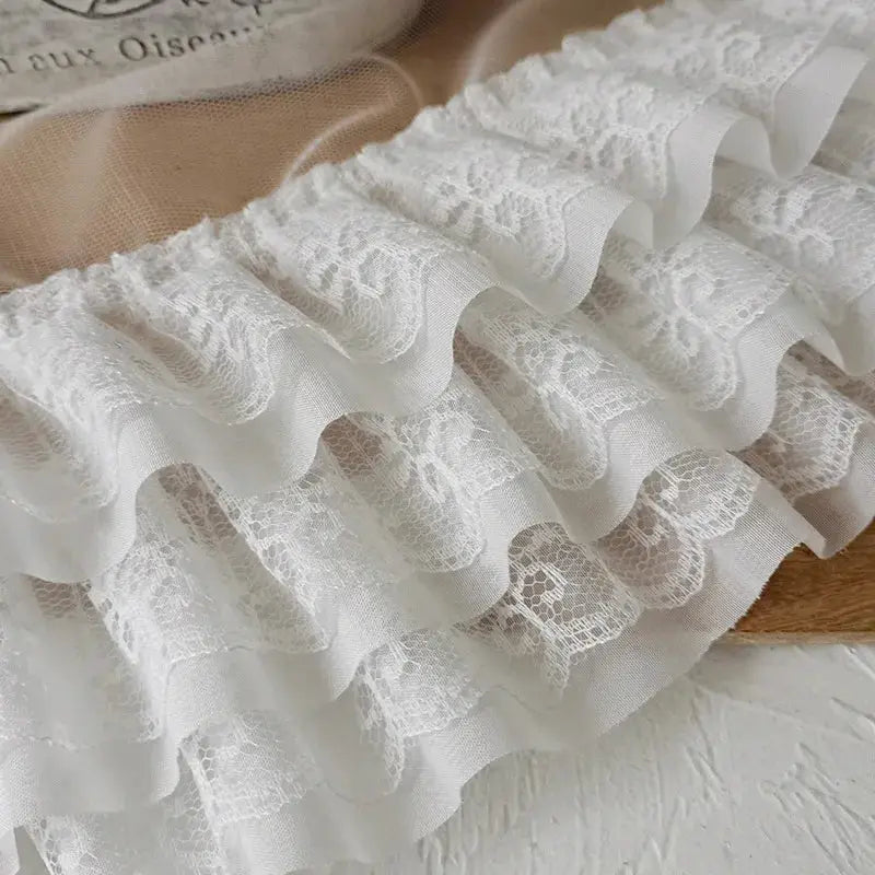 12cm Wide White and Black Three Layer 3D Pleated Mesh Chiffon Embroidered Ruffle Trim for DIY Dress Collar Decor