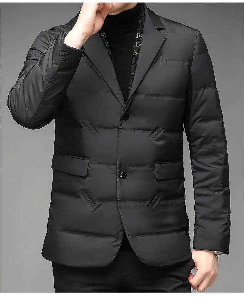 Men's black quilted down jacket with blazer-style collar and flap pockets