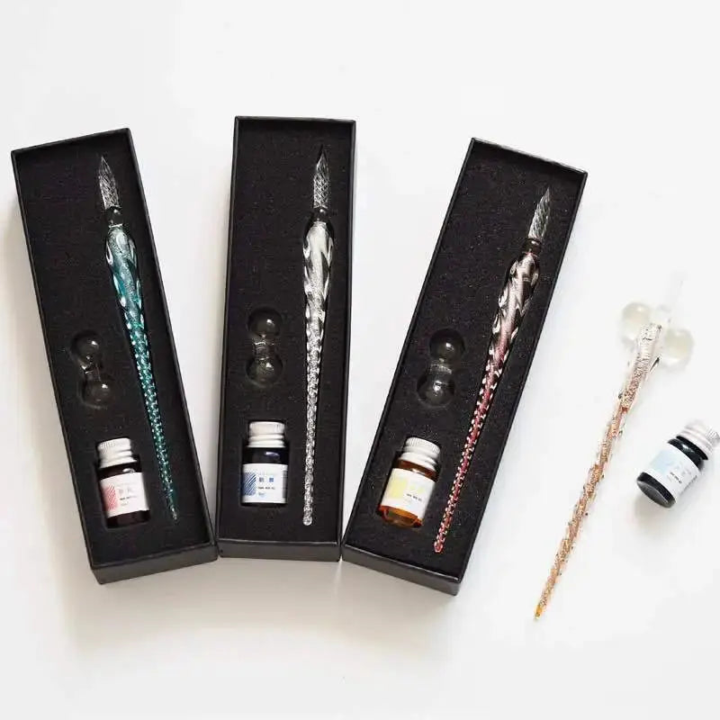 3-piece crystal glass dipping pen gift set with colorful jeweled nib pens and ink bottles, Simples Market