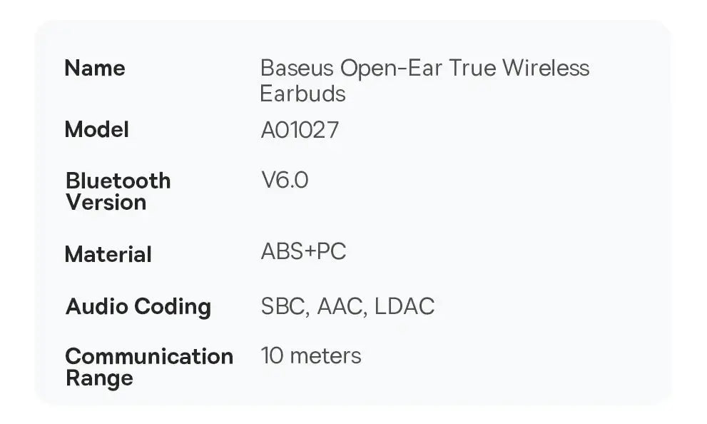 Baseus Open-Ear true wireless earbuds with earhooks, AO1027, Bluetooth 6.0