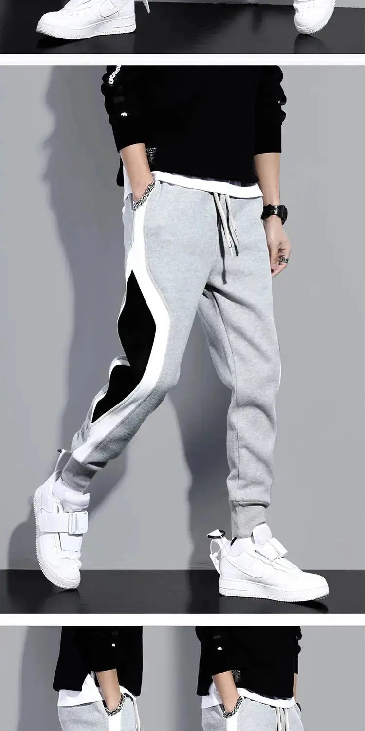 Autumn men's wide loose patchwork pants in grey/white with black side panels and drawstring