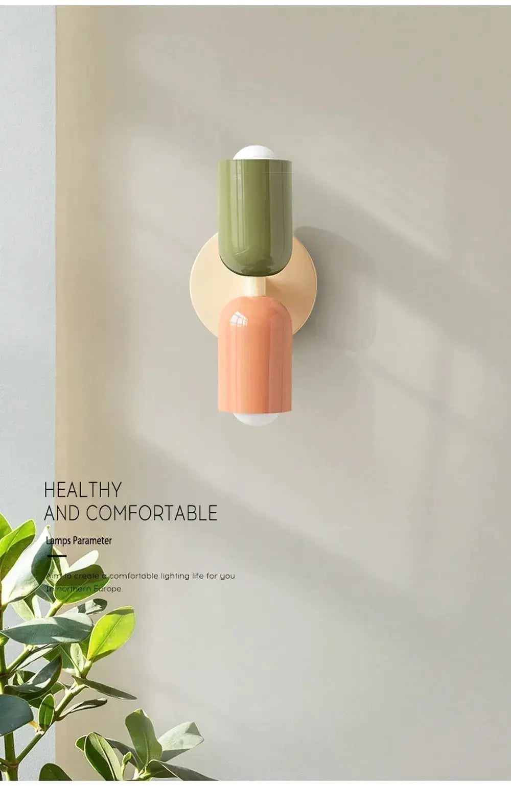 Nordic LED wall lamp with double heads, olive green top and peach bottom on a round beige mount
