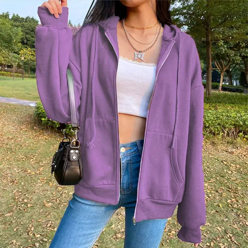 AutumnWear Fleece Hoodie Black Hooded Sweatshirt With Drawstring Pockets And Zipper Loose Fit