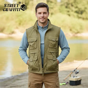 Simples Market men's outdoor multi-pocket fishing vest, olive green, breathable quick-drying fabric.