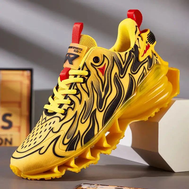 Men's yellow running sneakers with black flame pattern and translucent chunky yellow sole
