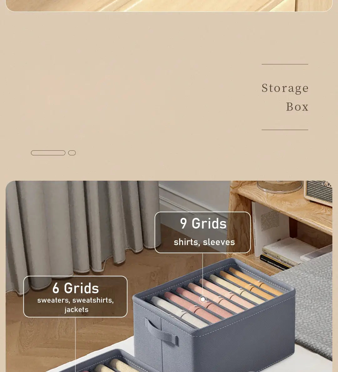 Storage box by Simples Market, foldable 9-grid for shirts and 6-grid for sweaters in gray fabric