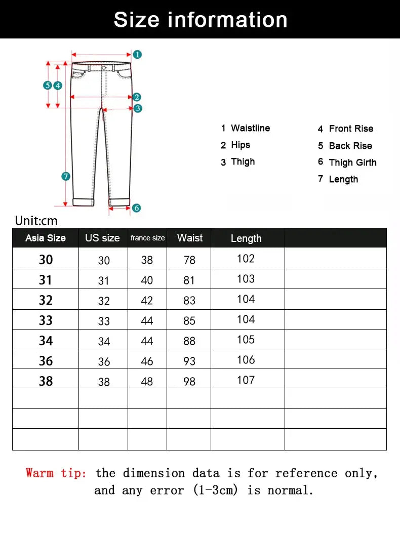 Men's soft black denim jeans by Simples Market; size chart with waist and length measurements.