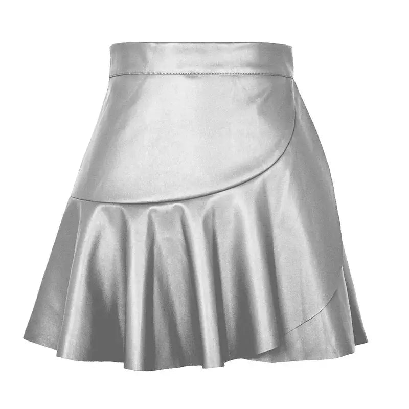 Simples Market women's faux leather mini skirt with high waist and cascading ruffle hem in silver