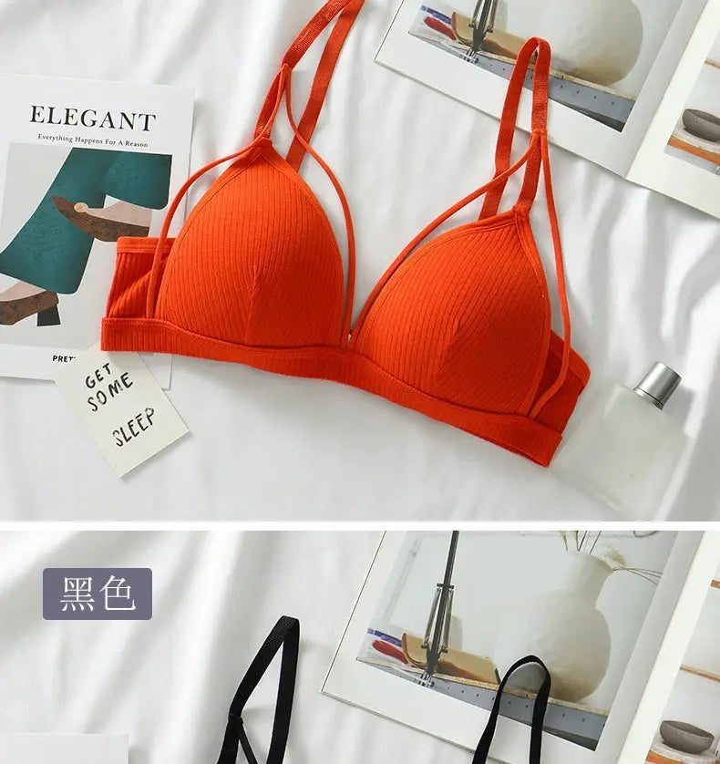 Simples Market wire-free bralette set in orange and black, triangle-cup lingerie 2-piece