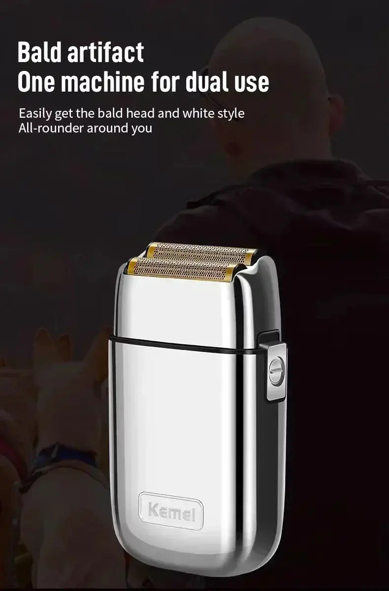 Kemei hair clipper KM-TX1 rechargeable electric trimmer with a silver and gold metal body by Simples Market