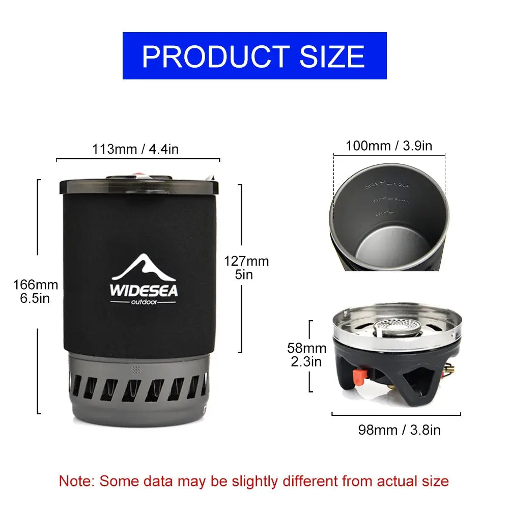 Widesea portable camping coffee maker set, 2-piece with black insulated sleeve and compact stove; 0.9L