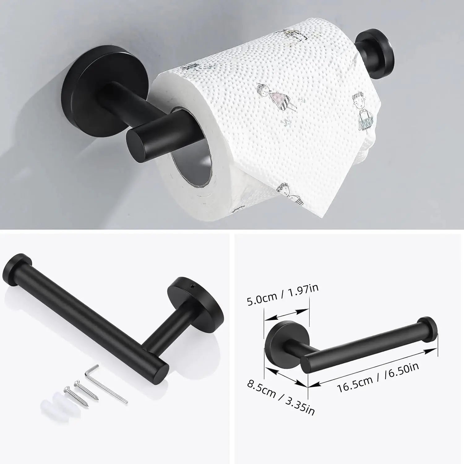 Bathroom hardware set by Simples Market, three-piece black finish: towel bar, towel ring, toilet paper holder.