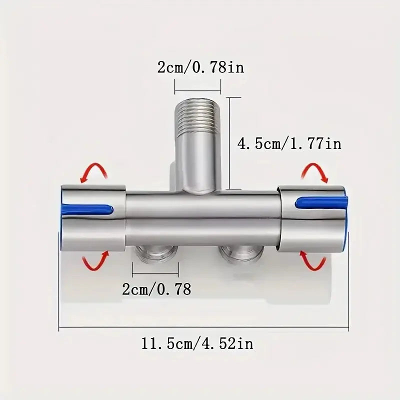 Simples Market stainless steel angle valve with 1 inlet and 2 outlets and dual control handles.