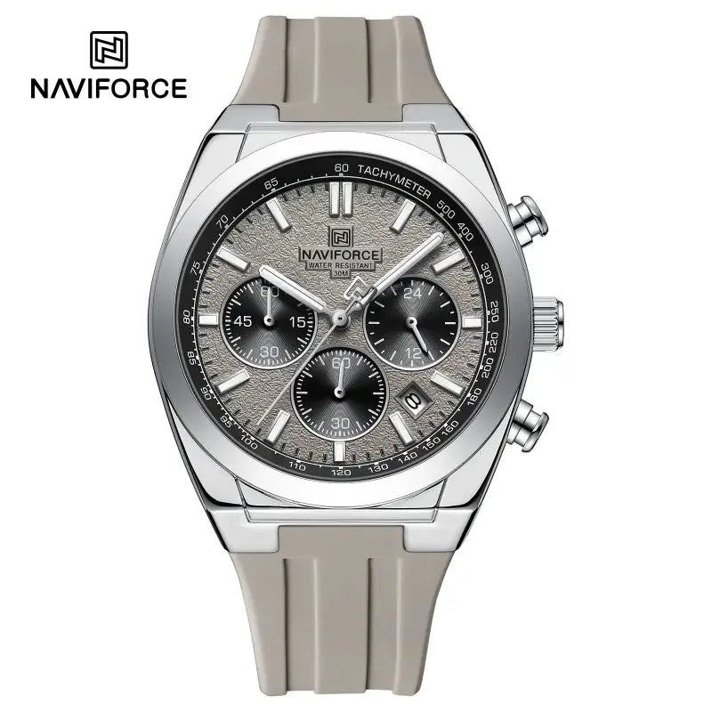 NAVIFORCE men's chronograph watch with beige silicone strap, silver case, luminous hands, 30m water resistant.