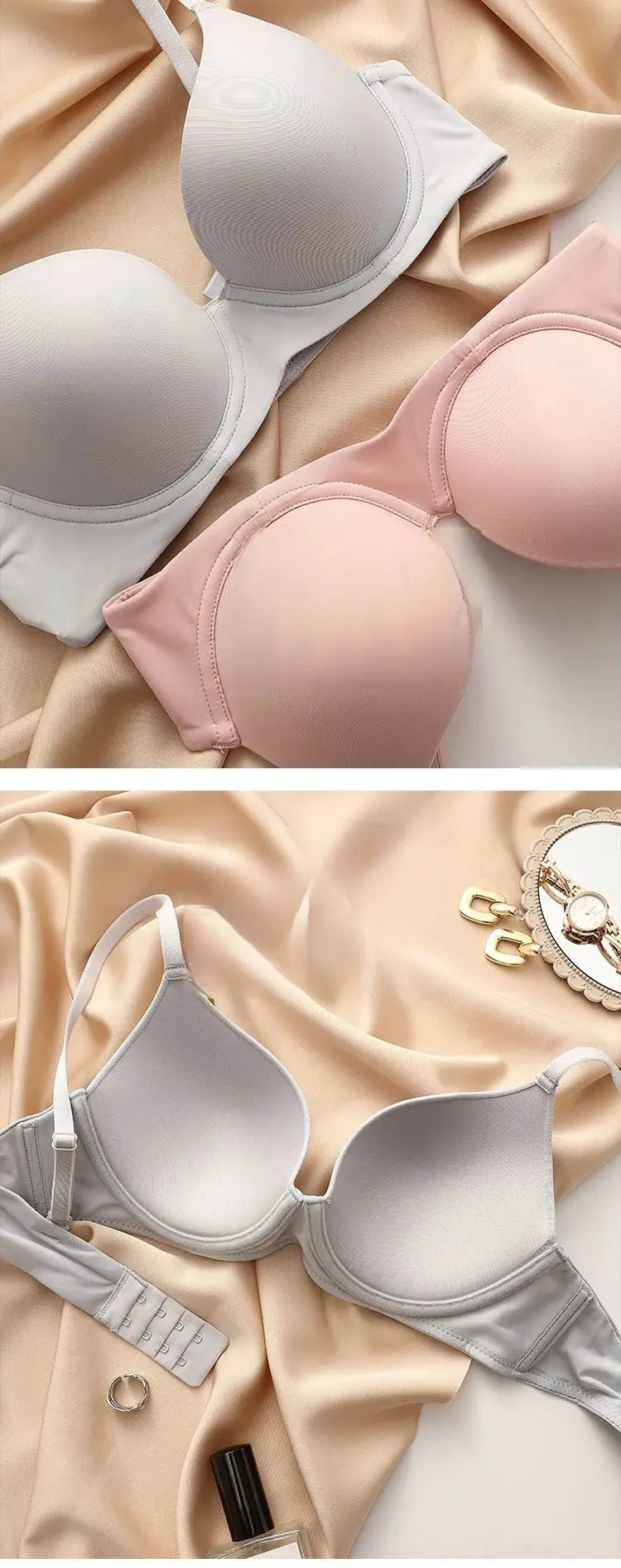 Simples Market pair of plus-size seamless push-up bras in grey and blush pink with cotton cups