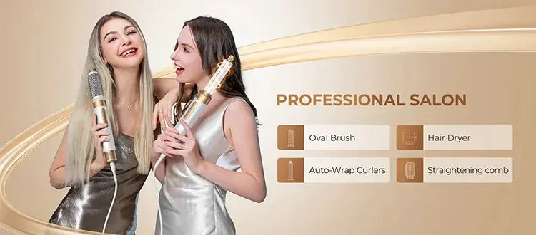 Simples Market 7-in-1 hair dryer brush with diffuser in gold/white; two styling tools shown.