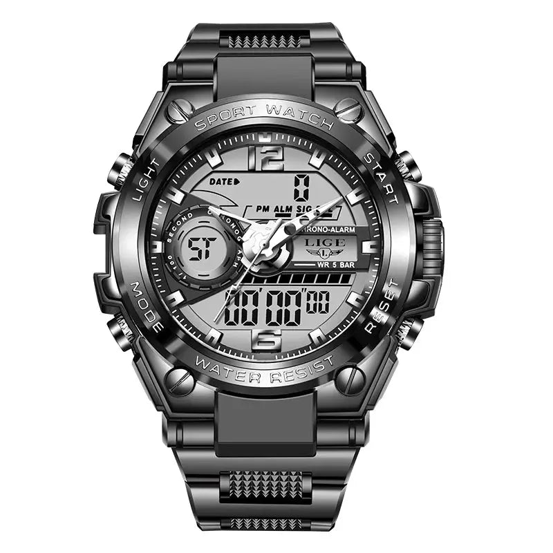 LIGE men's military digital watch on stainless steel bracelet, LED display, 50m water resistant, Simples Market.