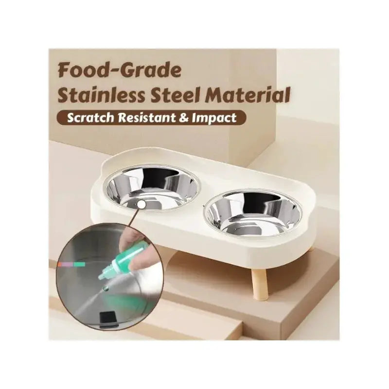 Dual stainless steel pet bowls with neck-support stand; beige frame, 2 bowls for cats and dogs