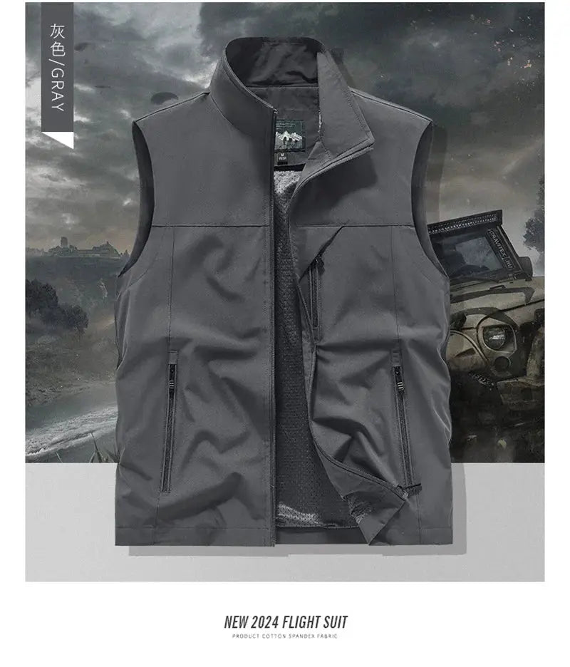 Simples Market gray men's sleeveless windproof vest with front zip pockets for outdoor motorcycle riding