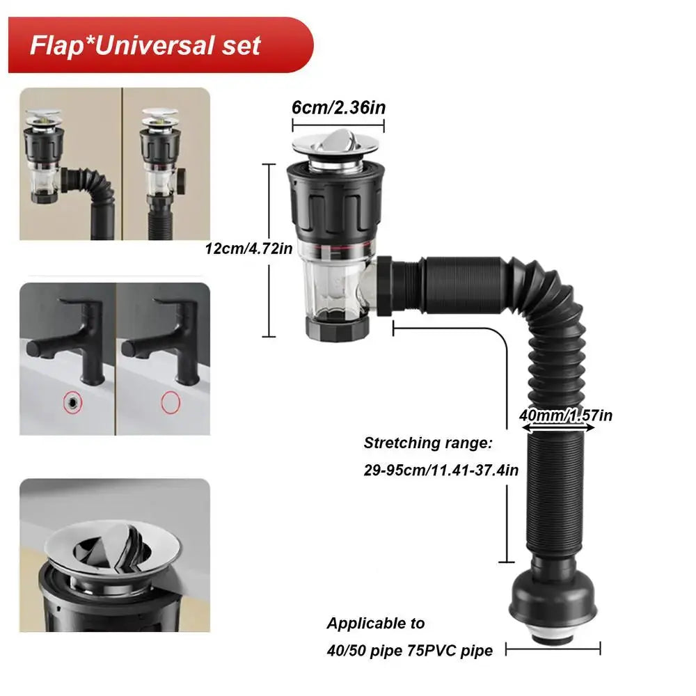 Simples Market black retractable anti-odor drain pipe flip-top filter with flexible downspout for kitchen sink and bathroom.