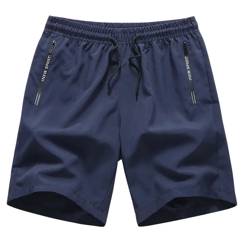Men's Simples Market athletic shorts; navy quick-dry gym shorts with drawstring and zippered pockets