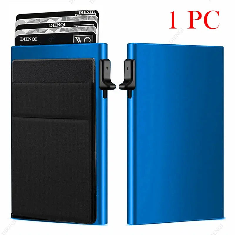 Blue metal RFID credit card holder wallet with black front card panel and multiple card slots.
