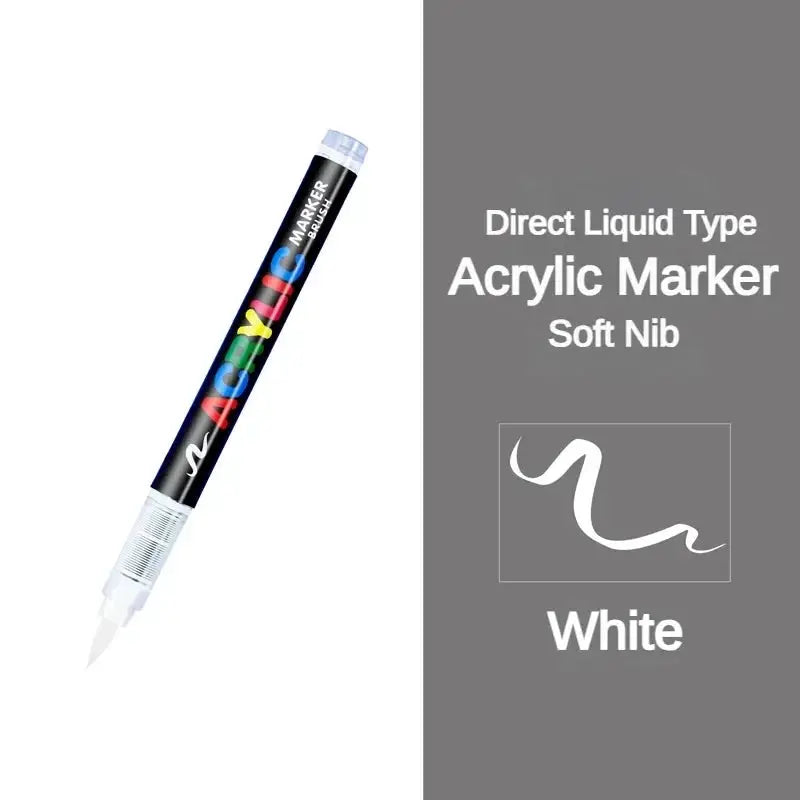 Direct-liquid acrylic marker pen with soft nib; black barrel and white nib, 16 colors shown