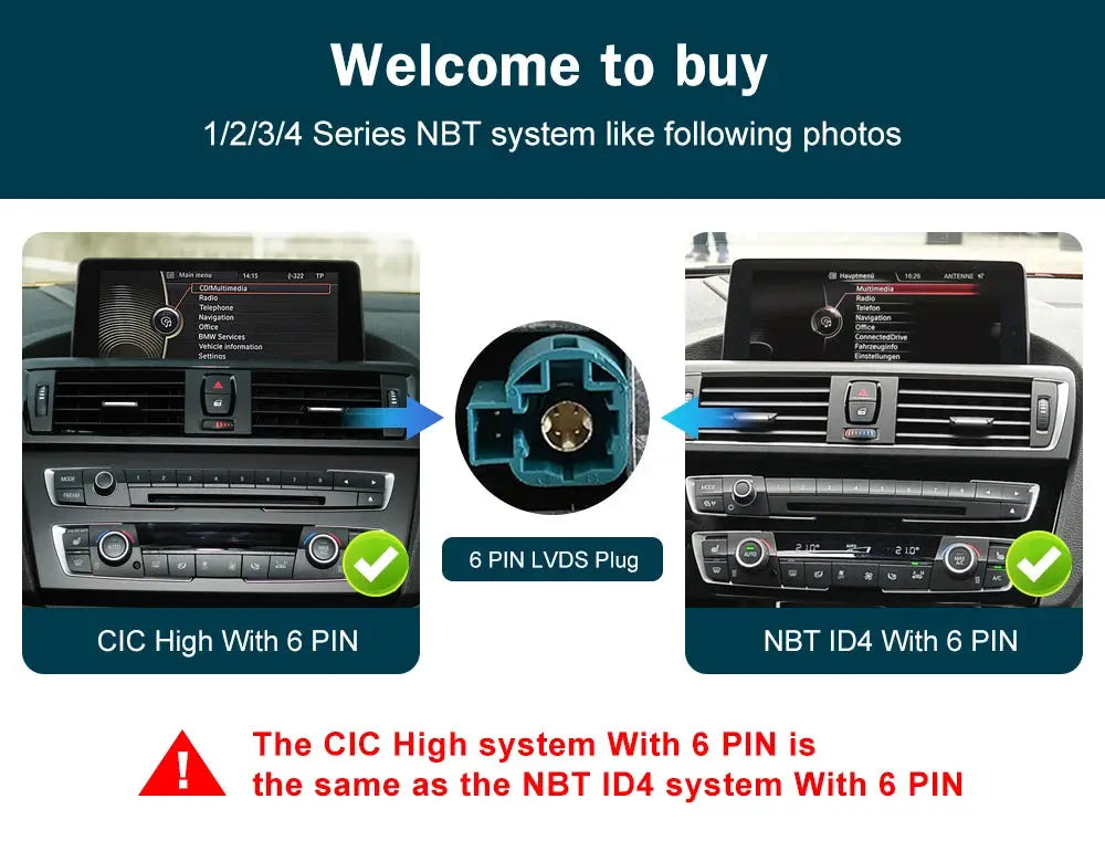 Black BMW wireless CarPlay Android Auto multimedia display kit; two dashboard units and a 6-pin LVDS plug