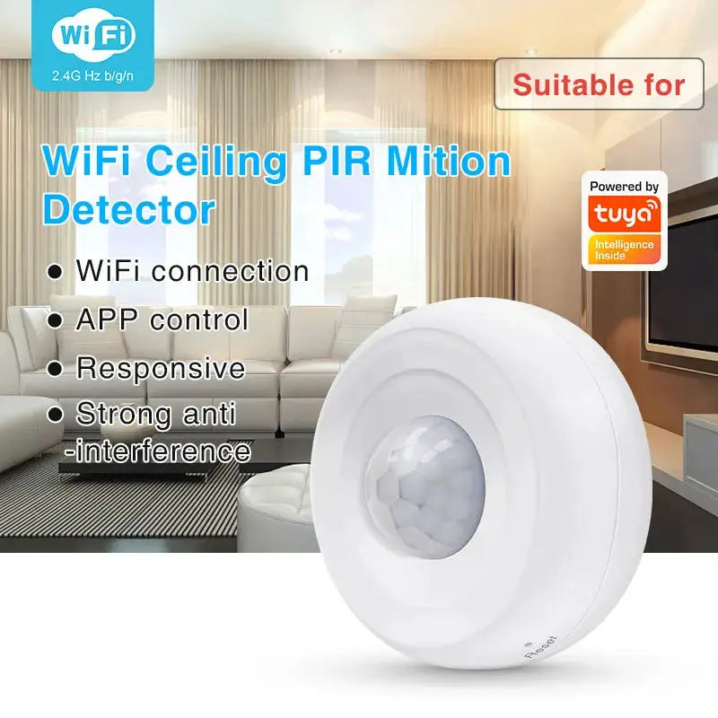 WiFi ceiling PIR motion detector by Simples Market; white, Tuya-powered, app control, compatible Alexa/Google Home