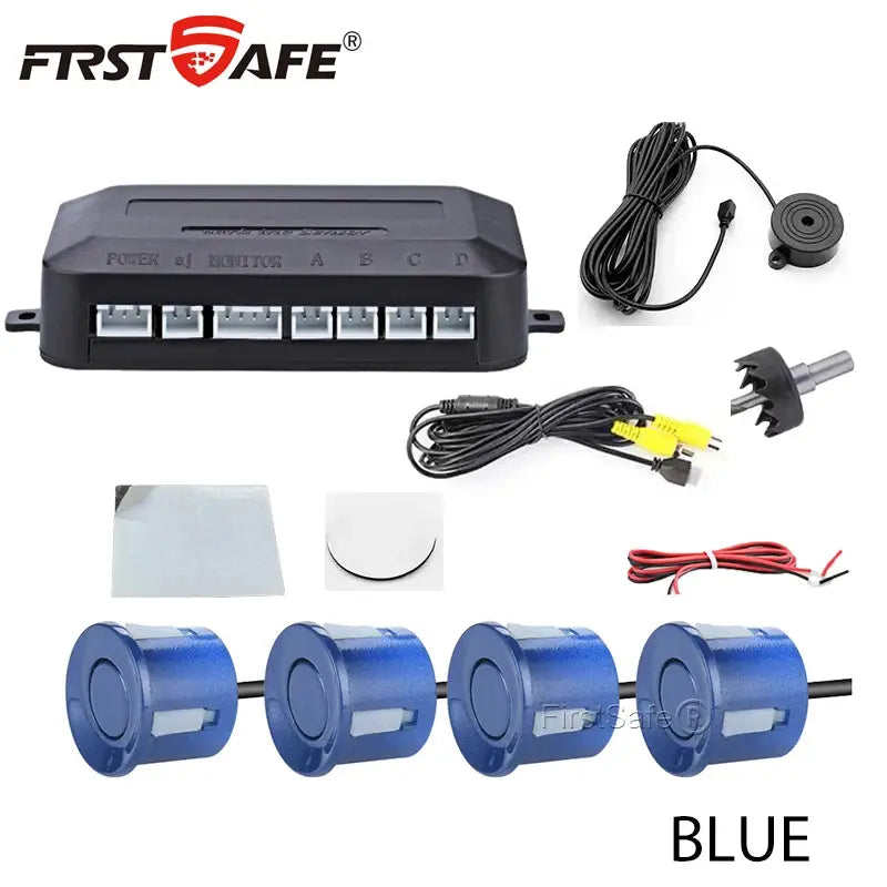 FirstSafe four-sensor car reverse radar system with blue sensors, control box, cables, and mounting accessories