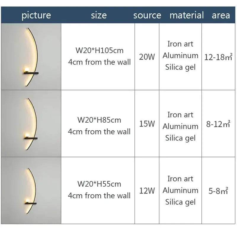 LED wall lamp by Simples Market, black curved modern fixture; available in three sizes (55/85/105 cm)