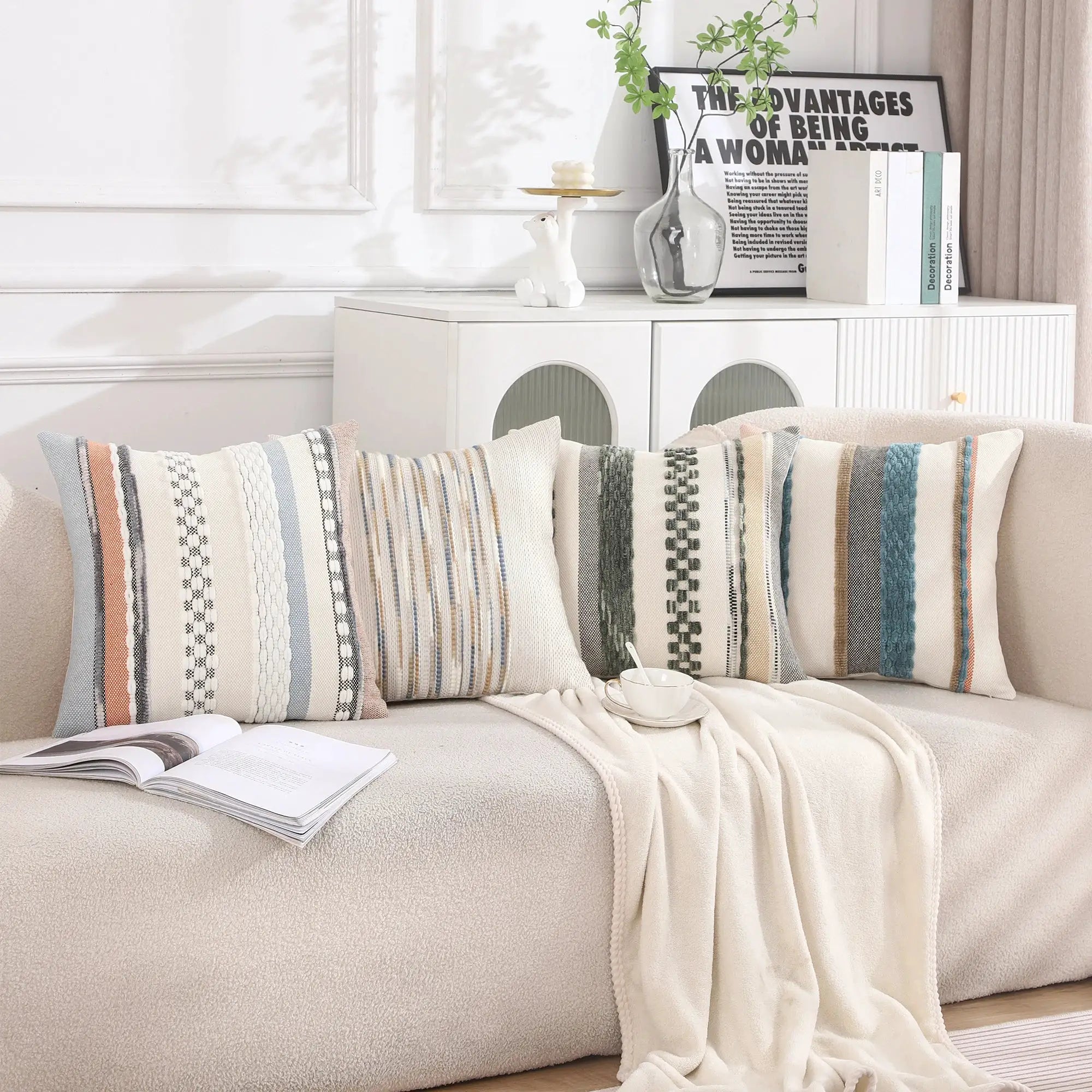 Boho striped chenille pillow covers, 18x18 inches, decorative cushion covers