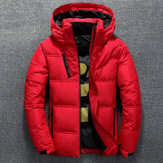 Red men's winter puffer jacket with hood and stand collar, quilted thick insulation and front zip pockets