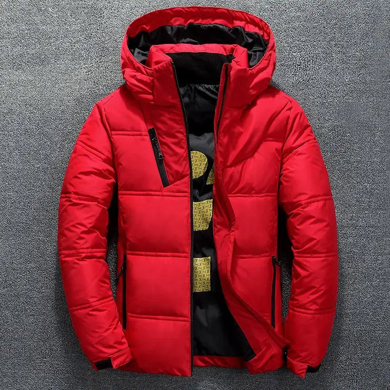 Red men's winter puffer jacket with hood and stand collar, quilted thick insulation and front zip pockets