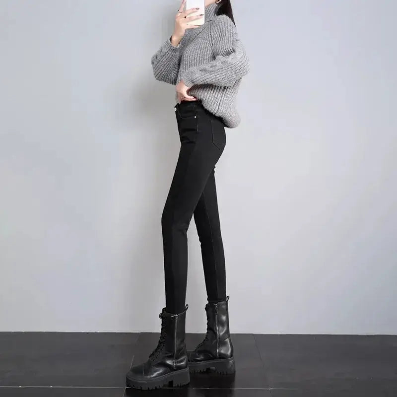 Women Thermal Skinny Jeans With Plush Lining Warm Winter Denim Pants