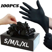 Black nitrile disposable gloves, 100pcs, sizes S/M/L/XL, box packaging shown.