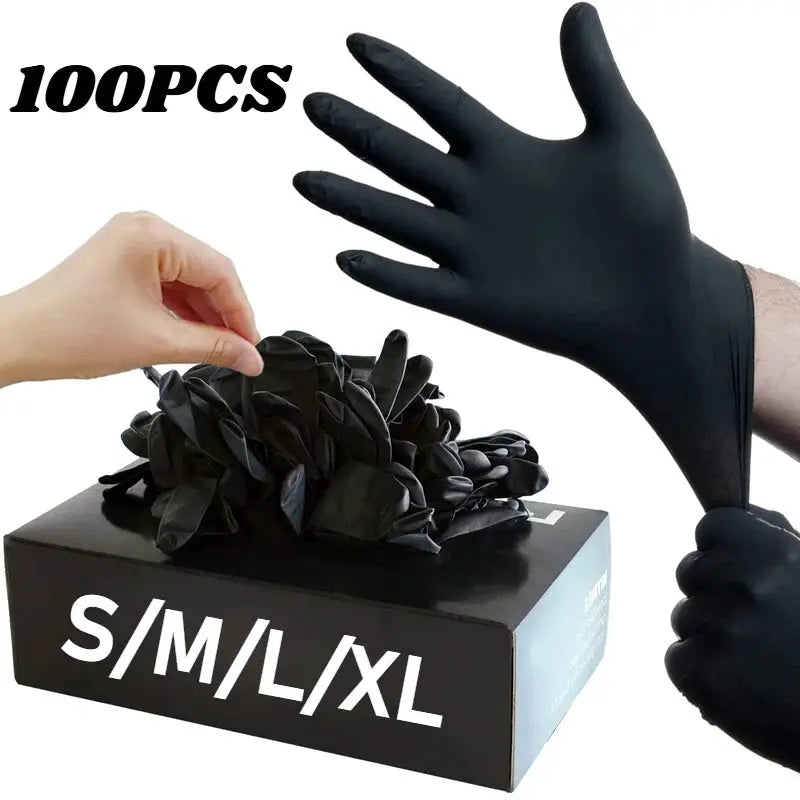 Black nitrile disposable gloves, 100pcs, sizes S/M/L/XL, box packaging shown.