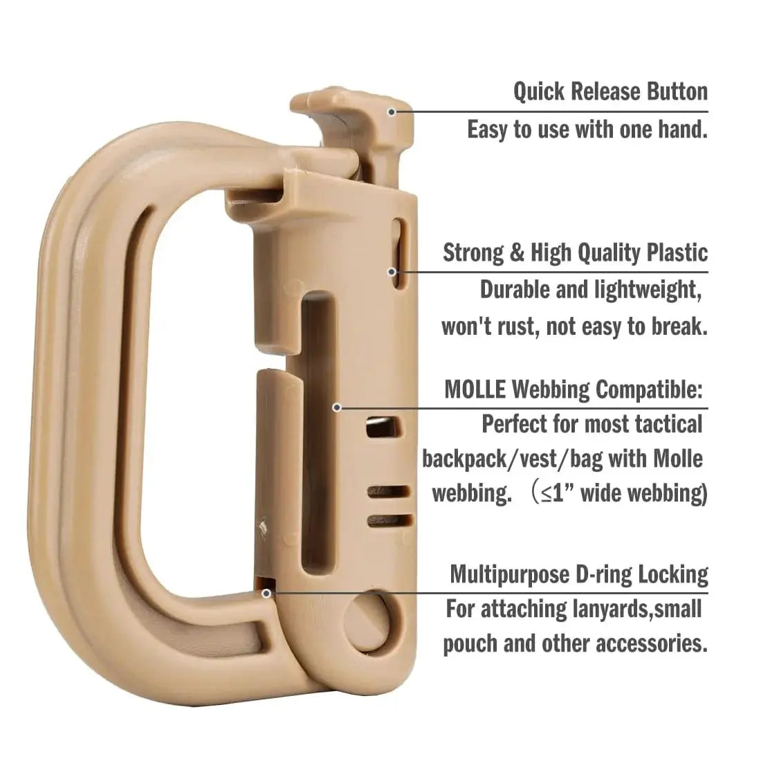 Tactical D‑ring locking carabiner in tan by Simples Market; MOLLE/webbing compatible