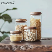 KEMORELA Transparent Glass Storage Jar With Acacia Wood Lid Round Tea Jar For Dried Fruit Snacks Kitchen Organization