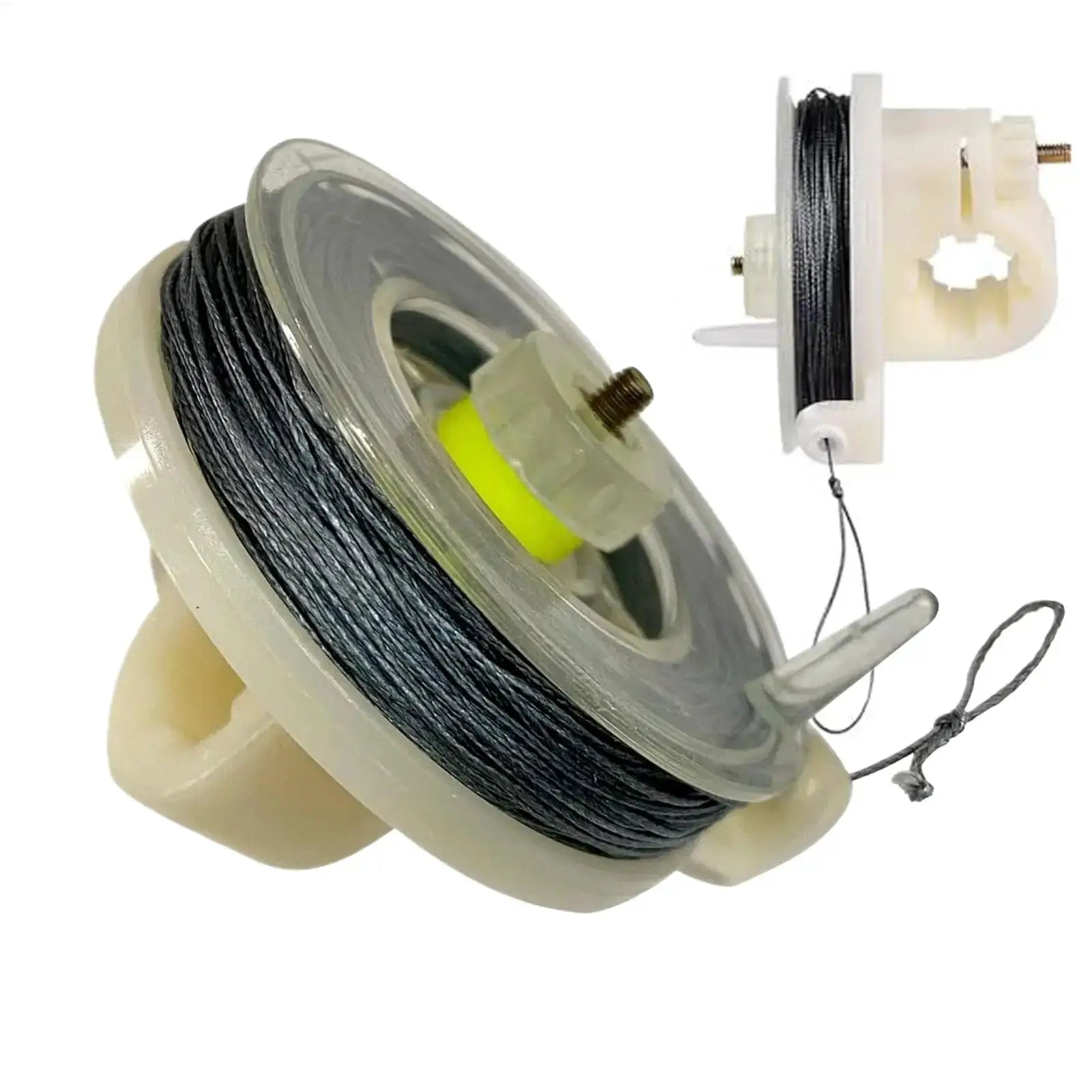 Perimeter alarm trip line spool set with black wire and white sensor module
