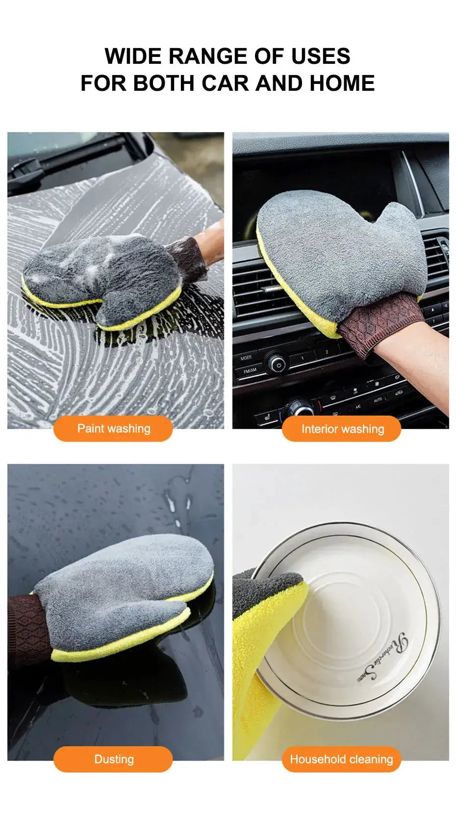SEAMETAL microfiber car washing glove; double-faced gray coral fleece with yellow edge for paint and interior cleaning.