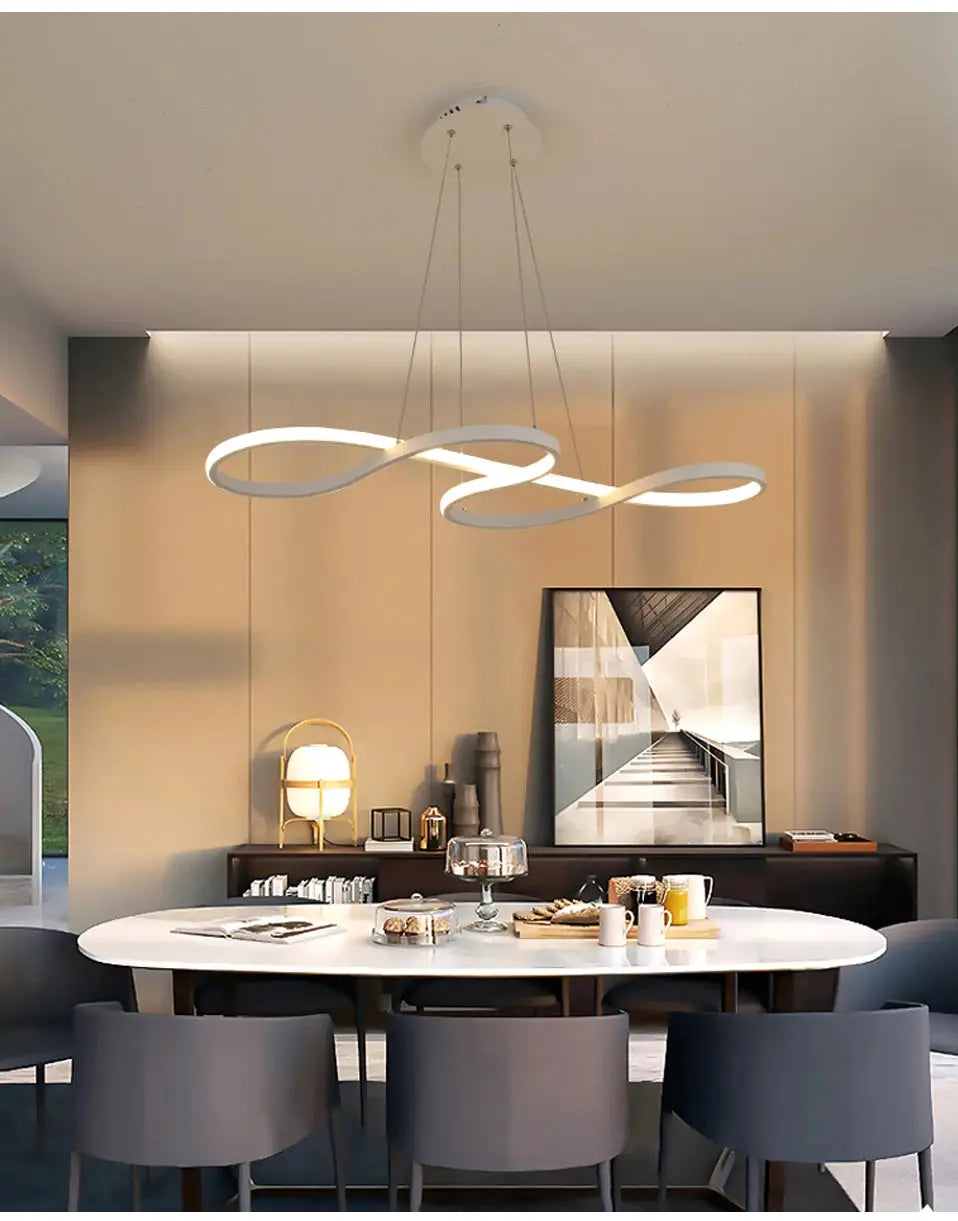 Simples Market modern kitchen island pendant lights with interlocking white LED rings above dining table