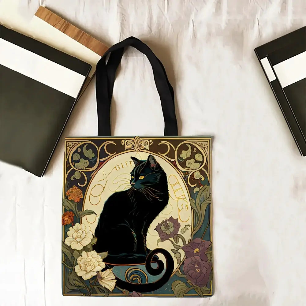 Retro Art Noble Black Cat Linen Tote Bag Lightweight Shoulder Tote For Daily Use