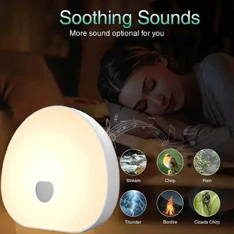 White night light with warm glow and 7 color ambient modes for bedroom; shows soothing sound option icons